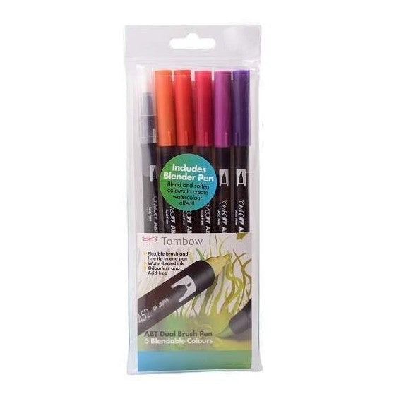 Tombow ABT Dual Brush Pens - 5-pen set plus Blender Pen, sunset