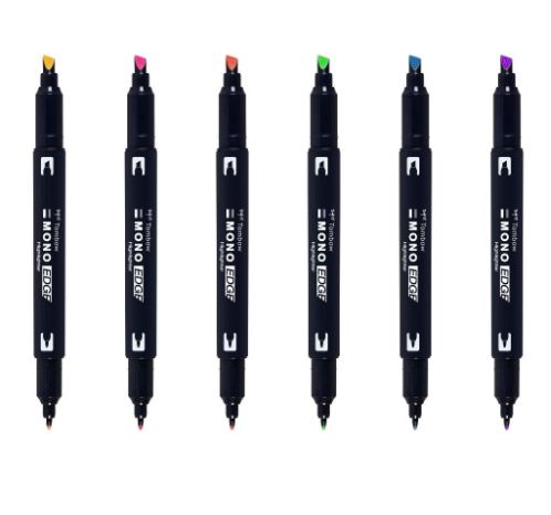 Tombow MONO Edge Highlighters – Set Of 6 Dual-Tip Pens, Chisel & Fine Tip, No-Smear Ink